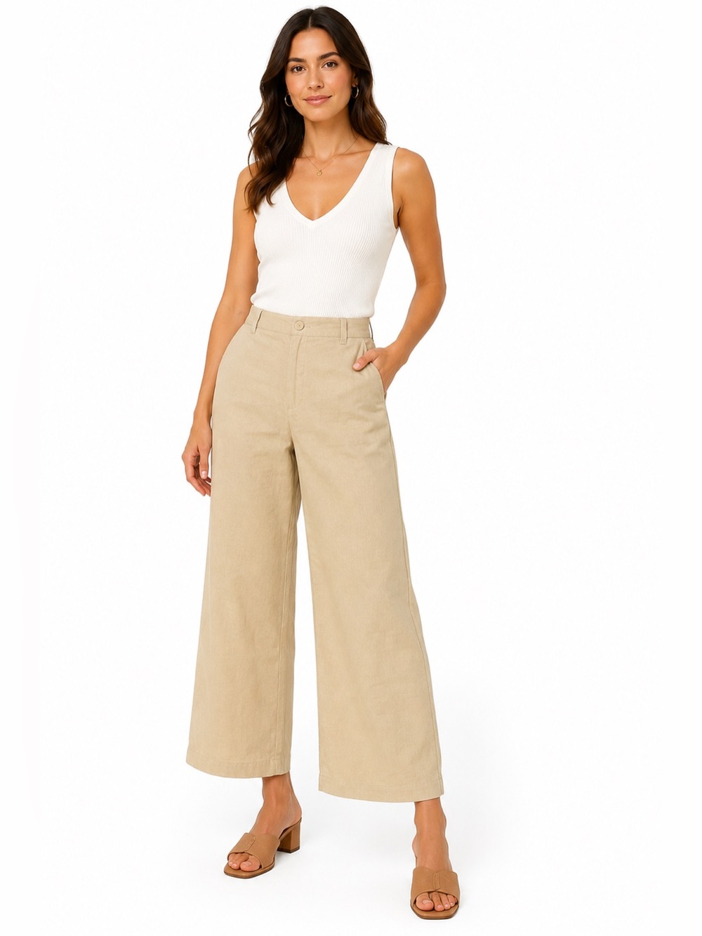 Max Studio 100% Linen Wide Leg Pants Beige High Rise Size 4 Coastal Resort